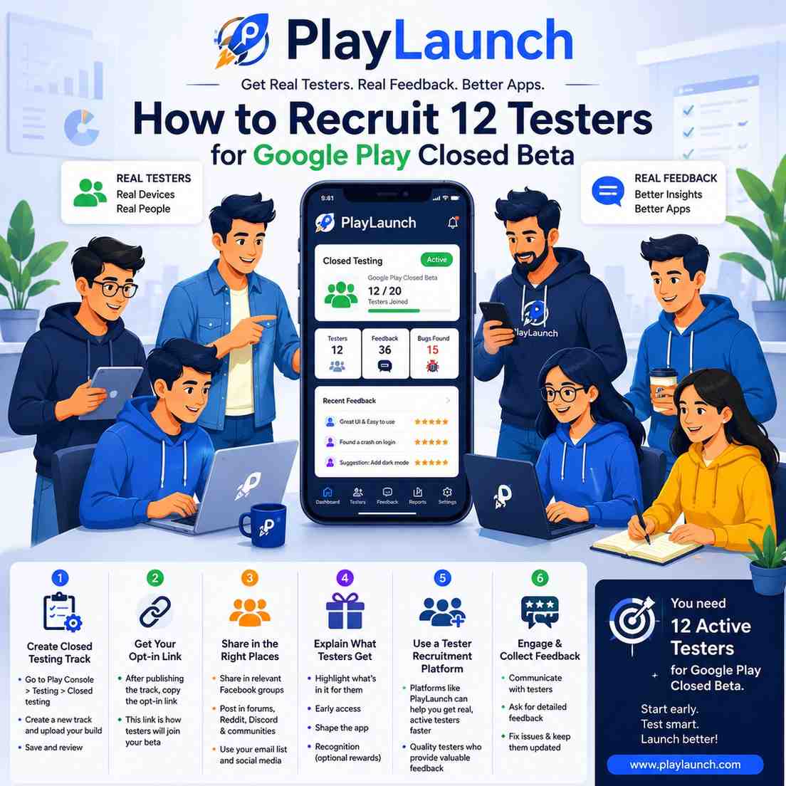 Recruiting 12 real testers for Google Play closed testing